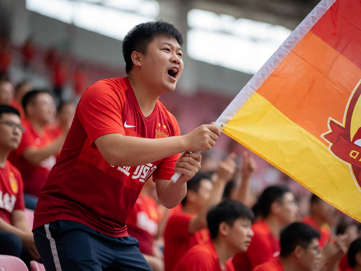 球迷在看台上激情呐喊，挥舞旗帜和横幅支持的热烈氛围